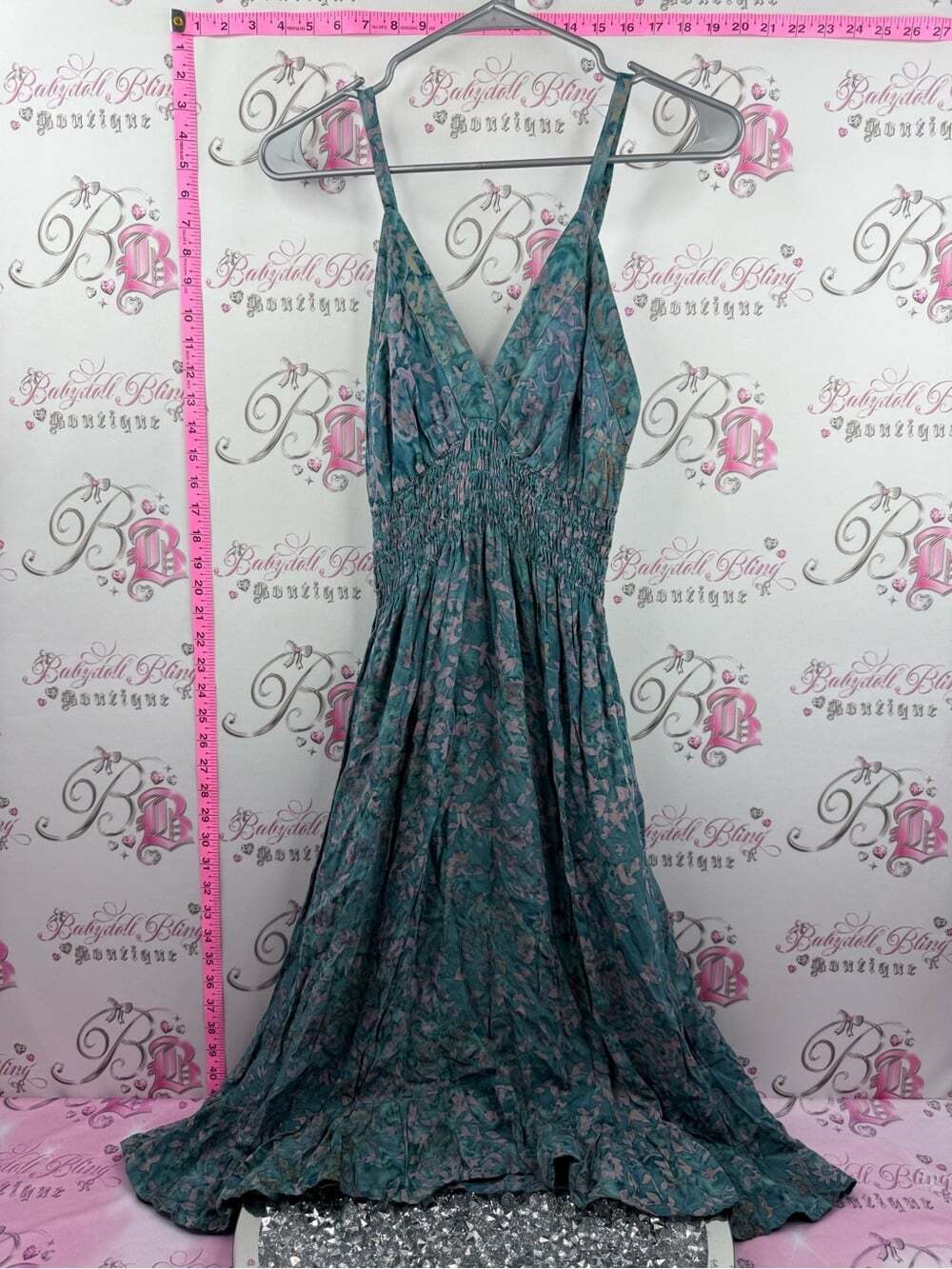 YOUNG FASHION dress tie dye Teal Floral V-Neck Maxi Dress smock Smocked Waist